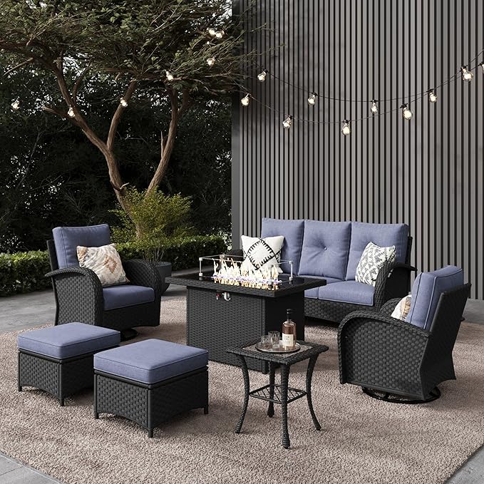 LayinSun 7 Pieces Outdoor Patio Furniture Set with Fire Pit Table, Rattan Wicker Sectional Swivel Rocker Chairs Sets