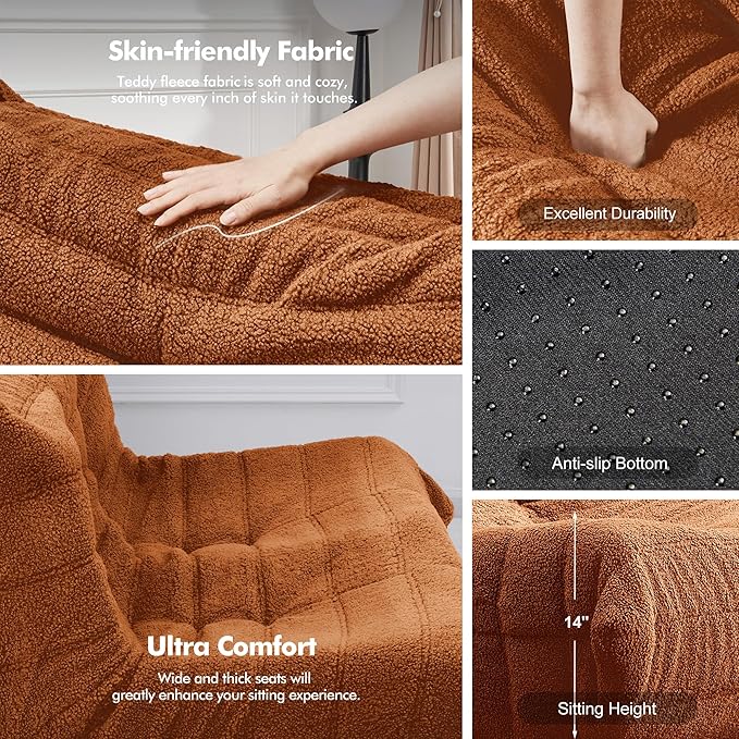 Bean Bag Loveseat Chair Big Sofa Beanbag Chair for Adults Fireside Chair Bean Bag Lounger with Memory Foam Filled for Home,Apartment or Gaming Venue（Brown Teddy）
