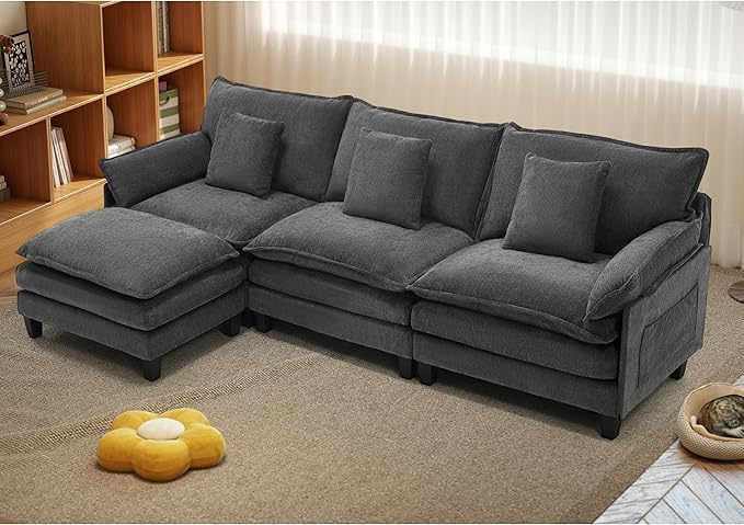 Comfy Cloud Couch with Movable Ottoman, Modular Sectional Sofa, 106" L Shaped Modern Sofa with Pillows, Deep Seat Couches for Living Room, Bedroom and Apartment, Grey