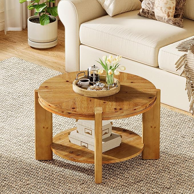 TRIBEWOOD Round Solid Wood Coffee Table, 29.5" Small Farmhouse Circle Accent Center Tables with Storage Shelf for Living Room, 2 Tiers Open-Style Storage Cocktail Tea Furniture, Rustic Brown