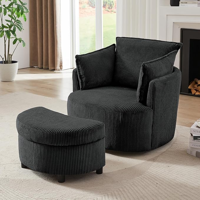 Chorlenimi Swivel Accent Chair Round Barrel Armchair Upholstered Living Room Chair Corduroy Reading Chair Single Sofa Chair for Bedroom Apartment Office (Black, Standard 1Seater+ Ottoman)