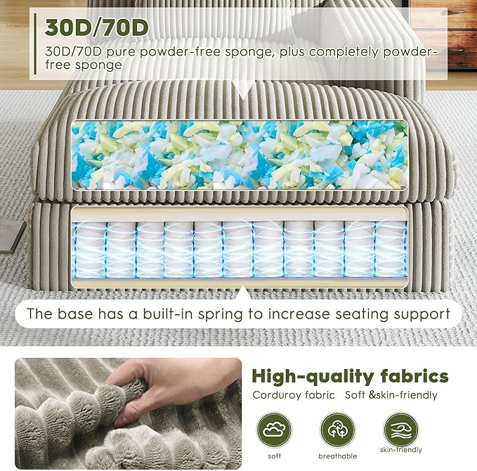 Oversized Chaise Lounge Sofa Chair Indoor，Soft Corduroy Fabric, Boneless sofawith Cushion，A Comfortable, deep-Seated Cloud Sofa for use in The Living Room.(Singler-Right-arm-Gray)