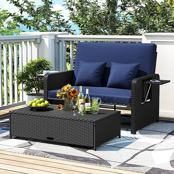 RELAX4LIFE Wicker Patio Outdoor Daybed - Rattan Day Bed Lounger w/Loveseat & Storage Ottoman, Sunbed Sofa Set w/Cushions, 4-Level Adjustable Backrest & 2 Retractable Trays, Patio Daybed (Navy-Black)