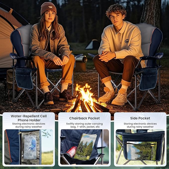 Oversized Camping Chair Heavy Duty 500LB - Portable Folding Chair with Cooler Bag, Cup Holder & Waterproof Phone Case for Adults, Beach, Hiking, Backyard (Blue & Gray, 2 PCS)