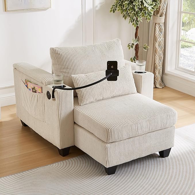 Merax Modern 37.4" Chaise Lounge with Charge Statio, Phone & Cup Holders, Upholstered Sofa Recliner Chair w/Pillow, Side Pockets & Drawers for Living Room Bedroom,Beige