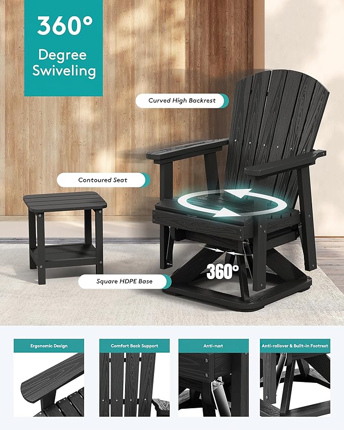 SERWALL Adirondack Swivel Glider Chair, HDPE Patio Glider for Outdoor, All-Weather Glider Chair for Porch, Balcony, Obsidian Black