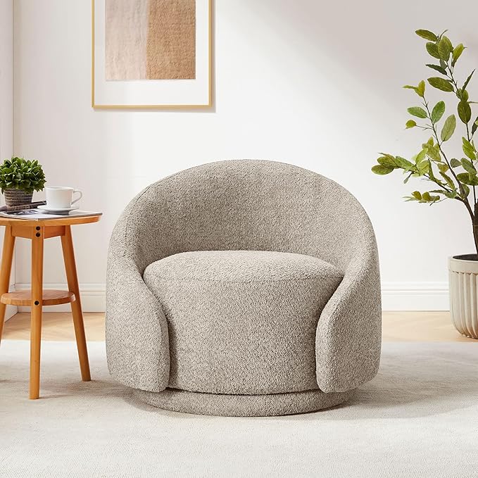 VANOMi 360 Degree Swivel Barrel Chair, Modern Living Room Chairs with Armrest Cozy Reading Chair for Adults, Small Space, Living Room, Camel