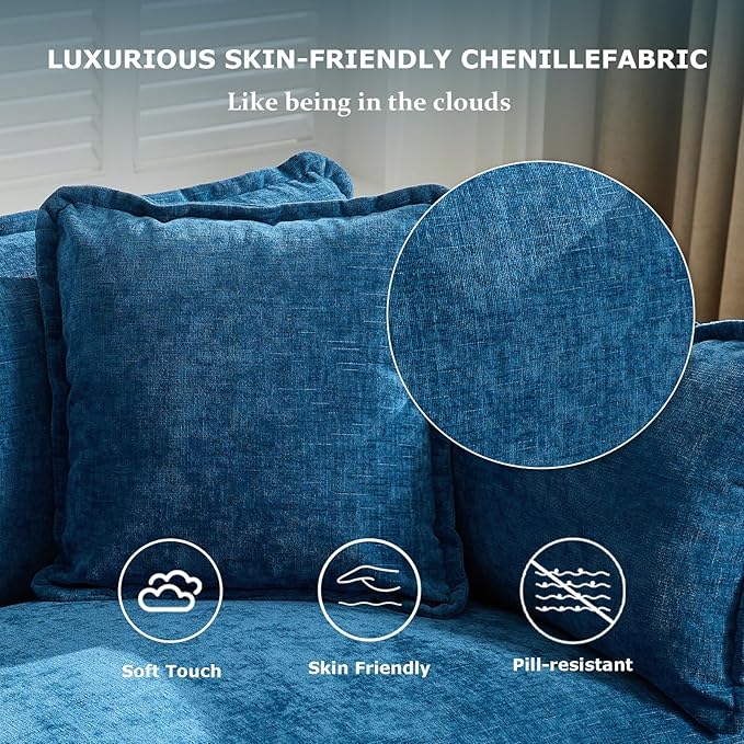 SoarFlash 113.78" Chenille Sectional Sofa, Comfy Modular Loveseat Sofa, Modern 3-Seat Couch Deep Seat Sofa Set for Living Room,Blue