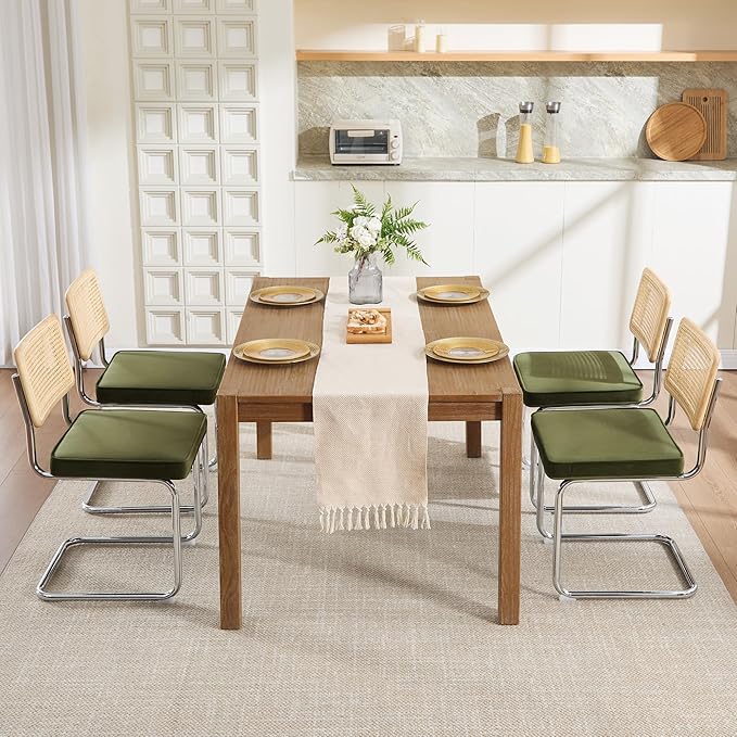 Zesthouse Natural Rattan Dining Chairs Set of 2, Olive Green Modern Kitchen Chairs with Solid Wood Back & Chrome Base, Mid Century Breuer Design Inspired, Upholstered Velvet Fabric