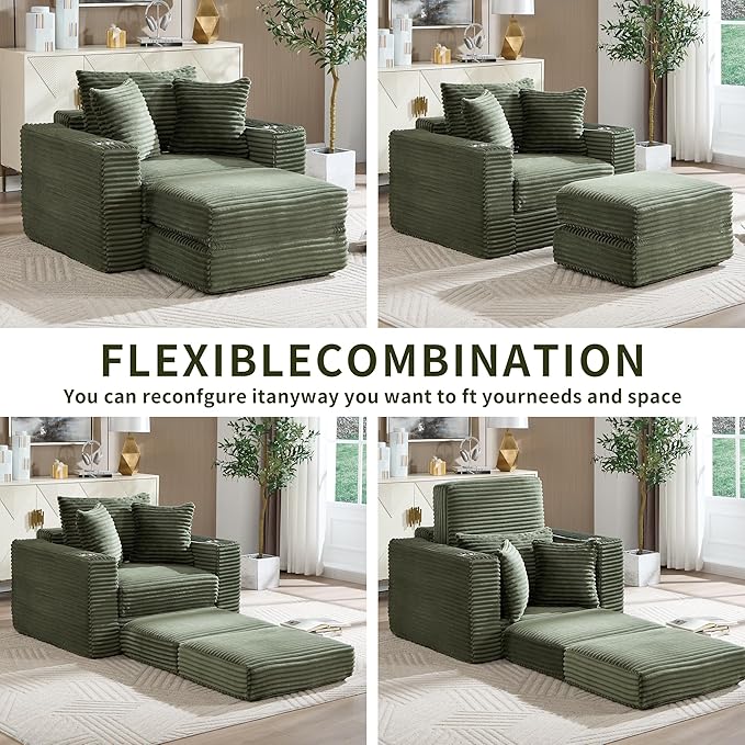 Boneless Chaise Lounge Chair Indoor, All-Foam Convertible Lounge Chair with No Frame, Wide Reclining Floor Lounger for Reading, Napping & Relaxation, No Assembly Needed (Green)