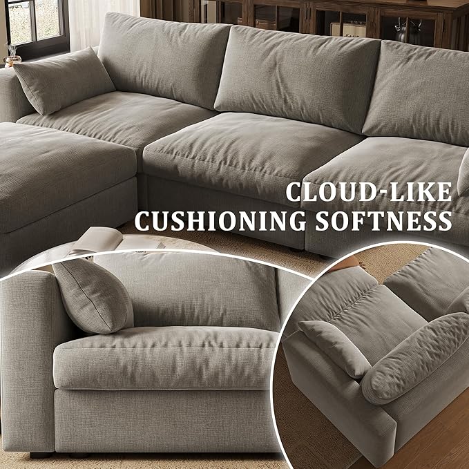 Cloud Modular Sectional Sofa Couch with Storage Ottoman, 99" Oversized Sectional Couches for Living Room, Cloud Modular L-Shaped Sofa with Chaise, 6 Seater, Chenille, Light Gray