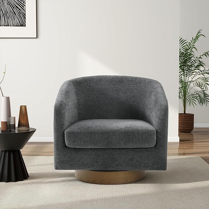 Swivel Barrel Chair, Modern Round PU Leather Accent Armchair for Living Room, Bedroom, Oversized Comfy Club Reading Chairs for Adults (Chenille Grey, Set of 2)