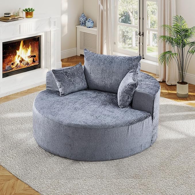 55"W Oversized Round Chair Lounge Chaise Indoor, Upholstered Comfy Circle Sofa Armchair, Modern Cozy Boneless Foam Floor Reading Chair for Living Room, Bedroom, No Assembly Required(Chenille, Grey)