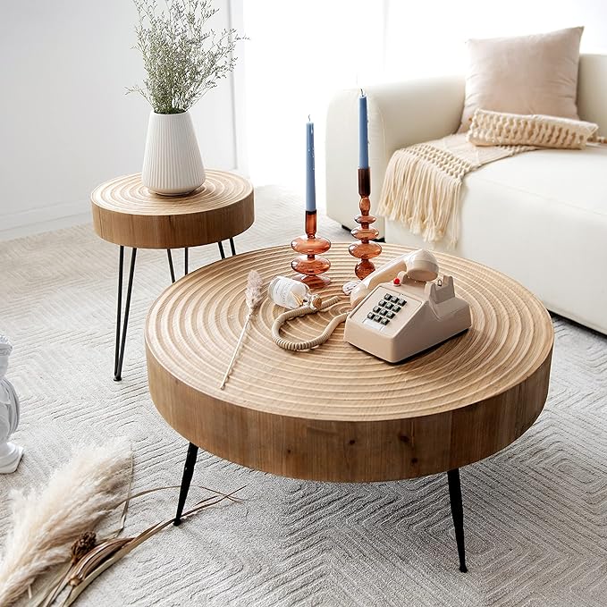 LONYKE 2-Piece Boho Farmhouse Nesting Table with Handcrafted Wood Ring Motif, Round Natural Finish Coffee Table Set for Living Room, French Country Decor, Round