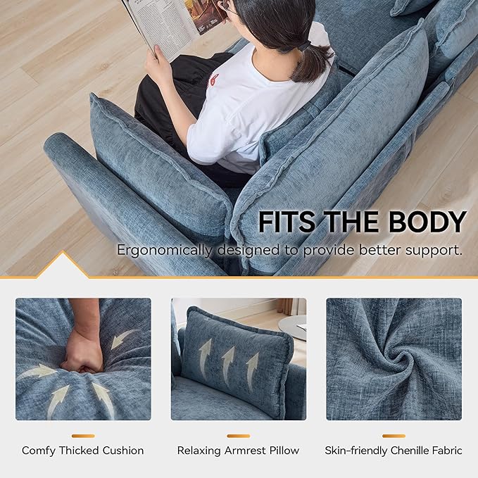 113'' V Shaped Cloud Sectional Sofa, Oversized Deep Seat Couches for Living Room, Chenille Comfy Upholstered Modular Sectional Sofa Couch with 2 Movable Ottoman, Blue
