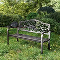 PHI VILLA 43 Inch Cast Iron Steel Frame Outdoor Garden Bench, Patio Furniture Chair Bench w/Floral Design Backrest, Slatted Seat for Park, Yard, Porch - Black