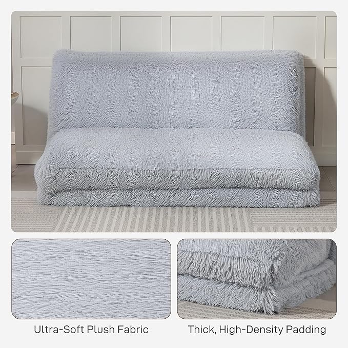 HOMCOM Bean Bag Chair Floor Sofa Bed for Adults, Thick Long Folding Sofa Bed 54 x102 in, Wall Couch Sleeper Chair Floor Mattress for Living Room, Light Gray