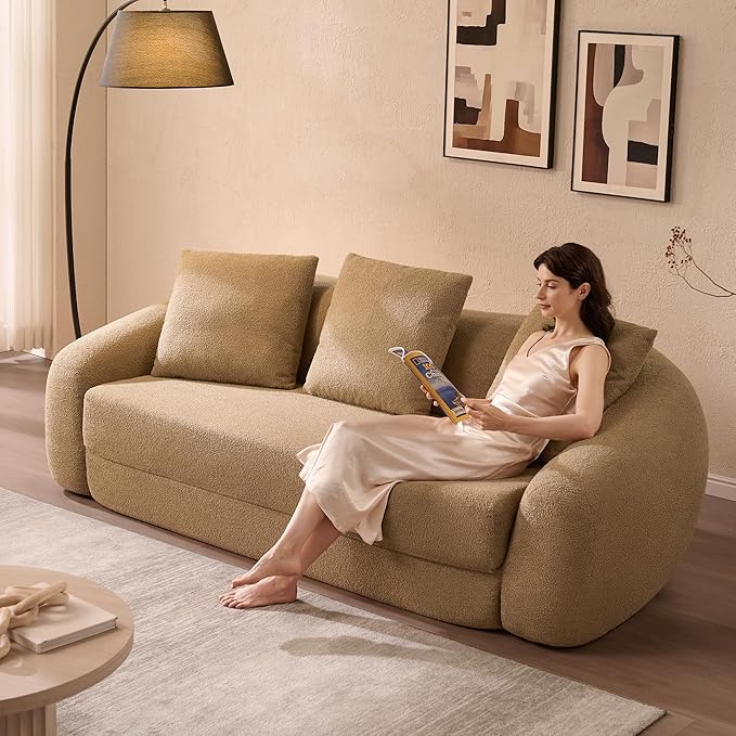 SICOTAS 90.6" Curved Convertible Sofa Couch Bed for Living Room Futon Cloud Boneless Sleeper Sofa Pull Out Floor Couch with Deep Seat Modern 3 Seater Foam Bed No Assembly for Bedroom Apartment, Brown