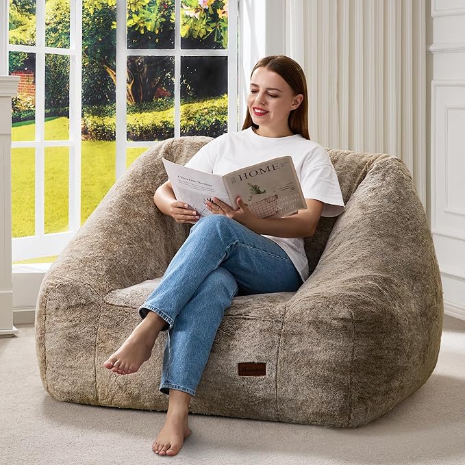 Hobestluk Bean Bag Chairs for Adults Giant Bean Bag Chair with Memory Foam Filling, Adult Beanbag for Bedroom, Living Room(Brown Two-Tone)