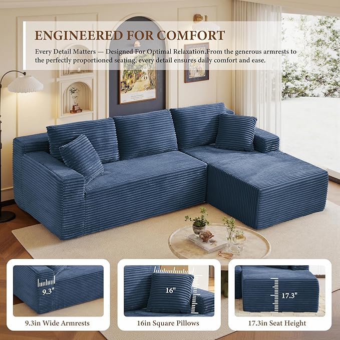 105" Sectional Couches for Living Room Cloud Couch Sofa with L-Shape Upholstered Boneless Couchs Modern Modular Sectional Couch with Chaise (Bule, 105" W+Right Facing Chaise+2Seaters)