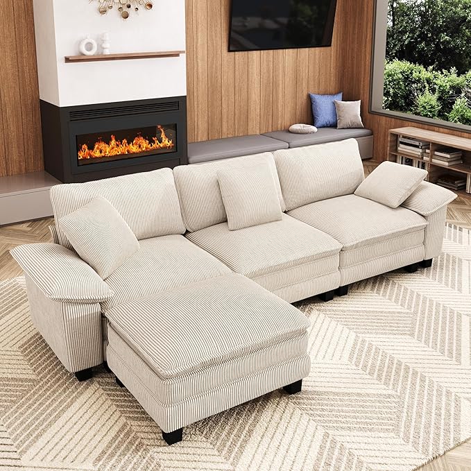 MIXPATIO 123-Inch L Shaped Sectional Sofa with Cloud Cushions, Deep Seat Modular Couch Set w/ 4 Seats & 1 Ottomans, Removable Arms, Plush Corduroy Upholstery for Living Room, Apartment - Beige