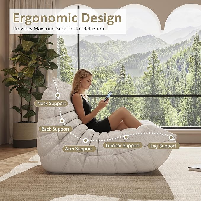Bean Bag Chair, Oversized Bean Bag Chair for living Room, Fireside Chair for adults with Memory Foam Filled, Big Accent Sofa Lounge Floor Sofa for Gaming, Reading, Relax, No Assembly Required. (White)