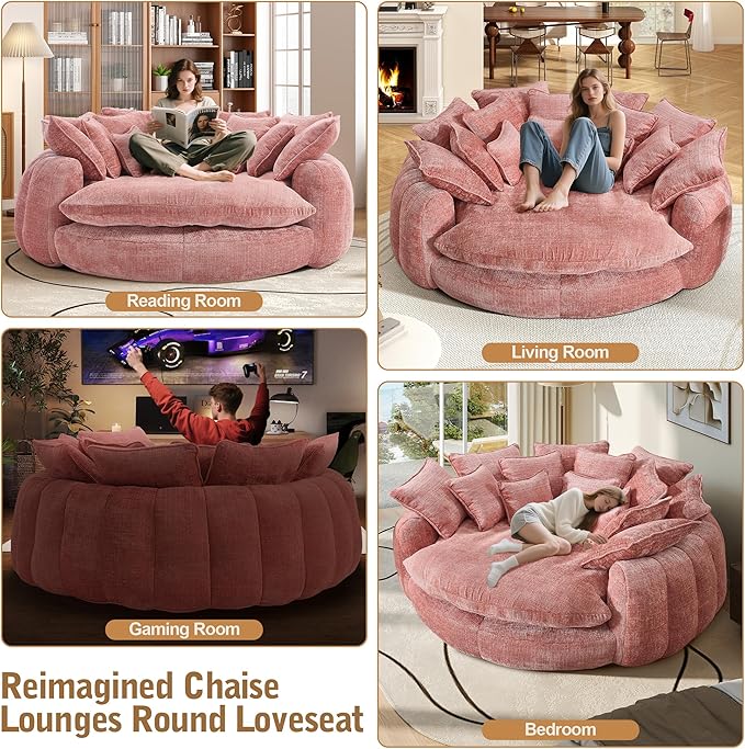 82'' Oversized Upholstered Sofa Bed, Round Chaise Lounge Chair Indoor, Modern Chenille Boneless Couch, No Assembly Required, Plush Sleeper Chair with 14 Pillows for Living Room, Pink