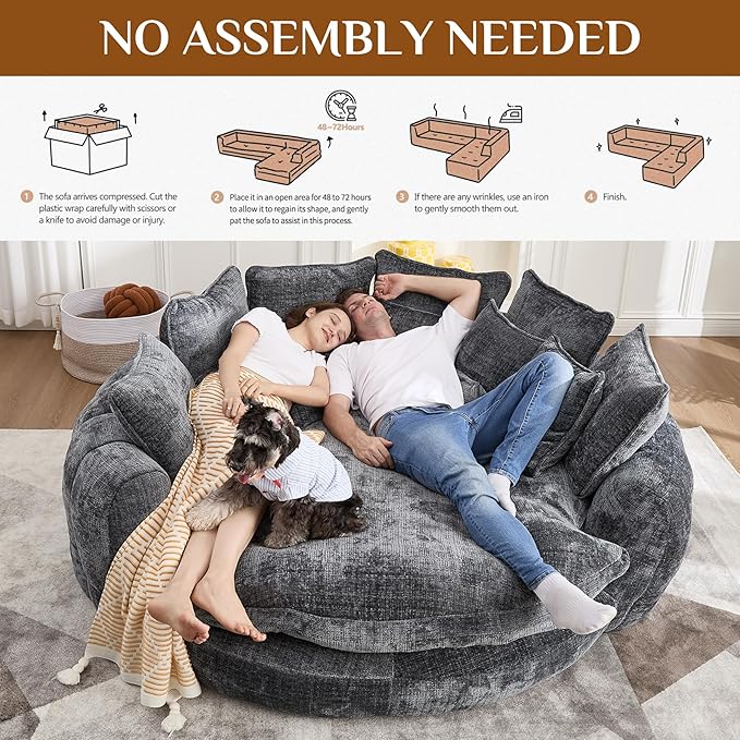 81" Oversized Bean Bag Chair Boneless Round Chaise Lounge Comfy Chenille Reading Chair Fluffy Plush Sofa Bed Large Deep Seat Circle Cloud Couch for Living Room, Bedroom, Apartment, Dark Gray