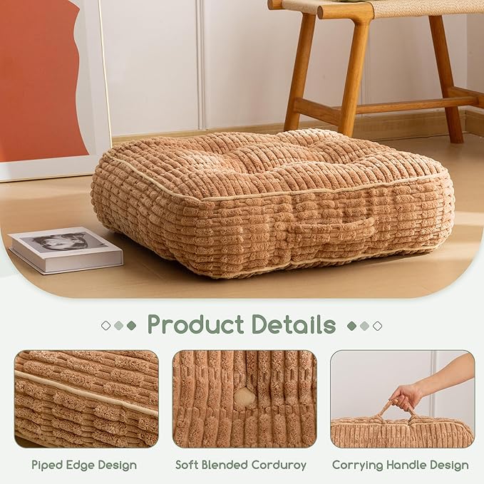 6" Washable Floor Pillow Cushion for Adults, Meditation Cushion Pillow, Removable Tufted Blended Corduroy Cover, Large Square Floor Sitting for Tatami Living Room or Yoga, 22x22 Inch, Machine Washable