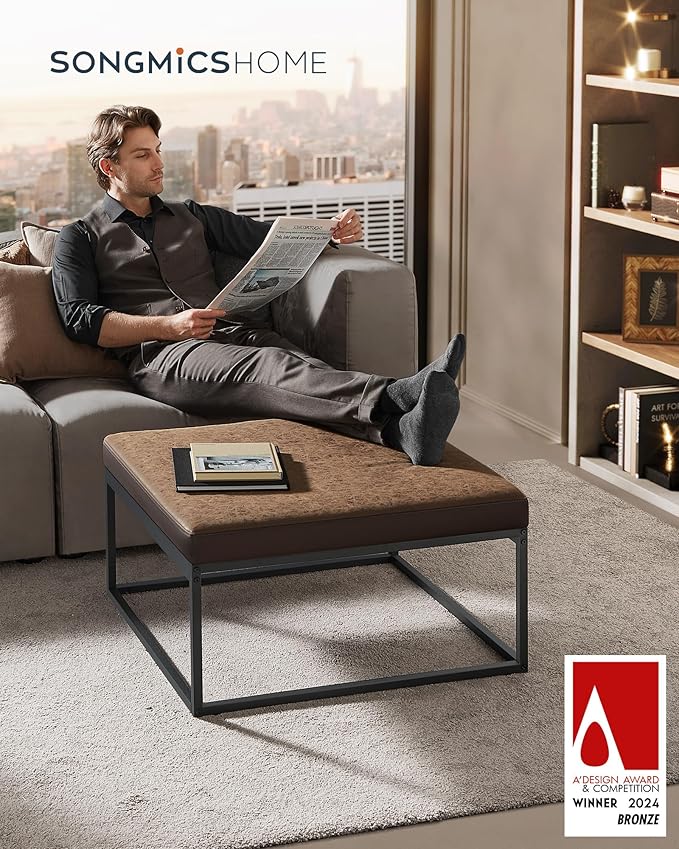 SONGMICS Home LUIZ Collection - Ottoman, Square Coffee Table, Footstool, Reversible Top, Padded Seat, Side Table, Minimalist, Steel Frame, Max. Load 660 lb, for Living Room, Walnut Brown ULOM077K01