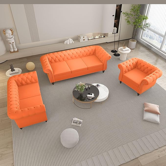 QHITTY Accent Large Sofa, Chesterfield Couch 3 Seater Modern Velvet Couch Upholstered Sofa with Tufted Back for Living Room Furniture (Orange)