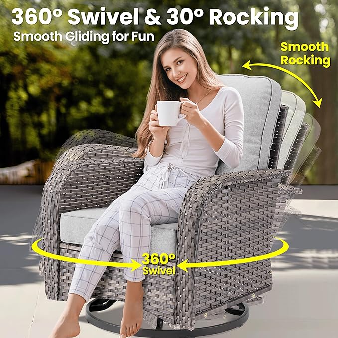 ovios 9 Pieces Patio Furniture Set, Outdoor Wicker Sofa Couch with Rocking Swivel Chairs Solar Lights Table, Modern Deep Seat Rattan Conversation Sets for Deck Porch, Grey