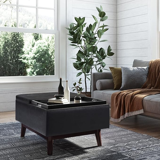 SIMPLIHOME Owen Tray Top Small Coffee Table Storage Ottoman - 34 inch Wide Upholstered Vegan Leather Rectangular Flip-Top Ottoman in Distressed Black, Mid-Century Ottoman for Living Room