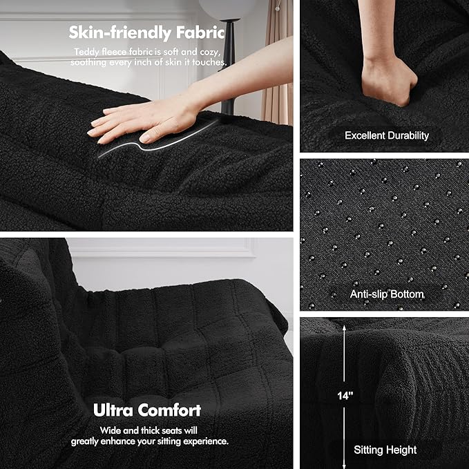 Bean Bag Loveseat Chair Big Sofa Beanbag Chair for Adults Fireside Chair Bean Bag Lounger with Memory Foam Filled for Home,Apartment or Gaming Venue（Black Teddy）