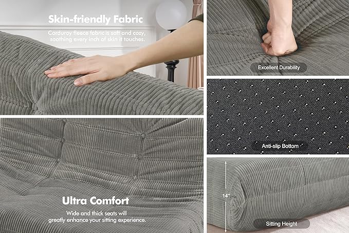 Bean Bag Chair,Giant Beanbag Chairs for Adults,Comfy Large Fireside Chair Lazy Sofa,Corduroy Bean Bag Lounger with Memory Foam Filled,Floor Sofa Couch for Living Room (Light Grey, 3-Seater)