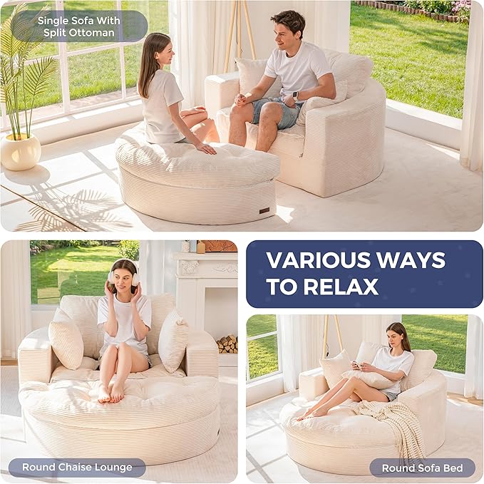 MAXYOYO L Shape Sectional Sofa Couch and Round Chaise Lounge, Modern Cloud Couch with Ottoman, Comfy Sofa with Layered Cushion, Tufted Upholstered Sleeper Chair for Living Room, No Assembly Required