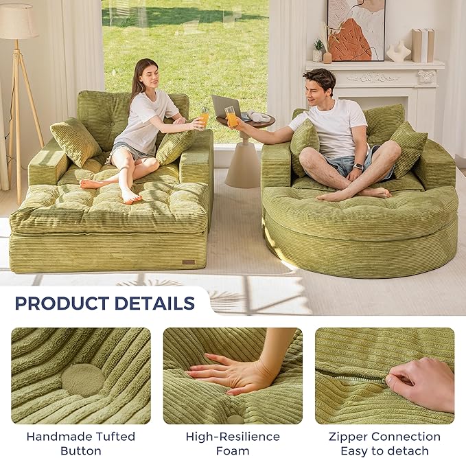 MAXYOYO Modular Sectional Chaise Lounge Sofa, 2 Sets Upholstered Lounge Chair with Ottoman, Comfy Round+ Square Couch with Layered Cushion, Tufted Sleeper Chair for Living Room, No Assembly, Green