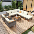 Merax Outdoor Patio Furniture Sets, Free Combination Rattan Sofa with Wood Tabletop, 9-Piece, Beige