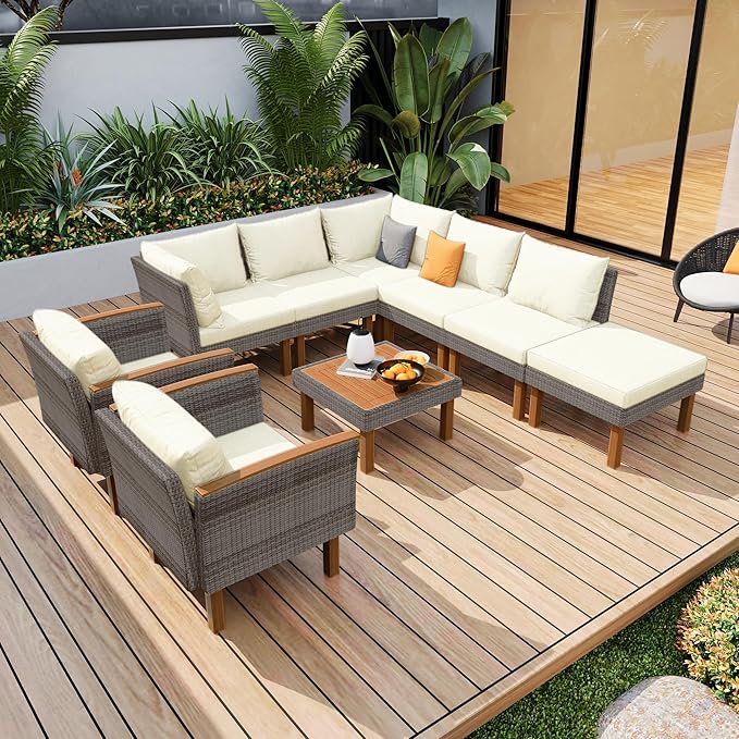 Merax Outdoor Patio Furniture Sets, Free Combination Rattan Sofa with Wood Tabletop, 9-Piece, Beige