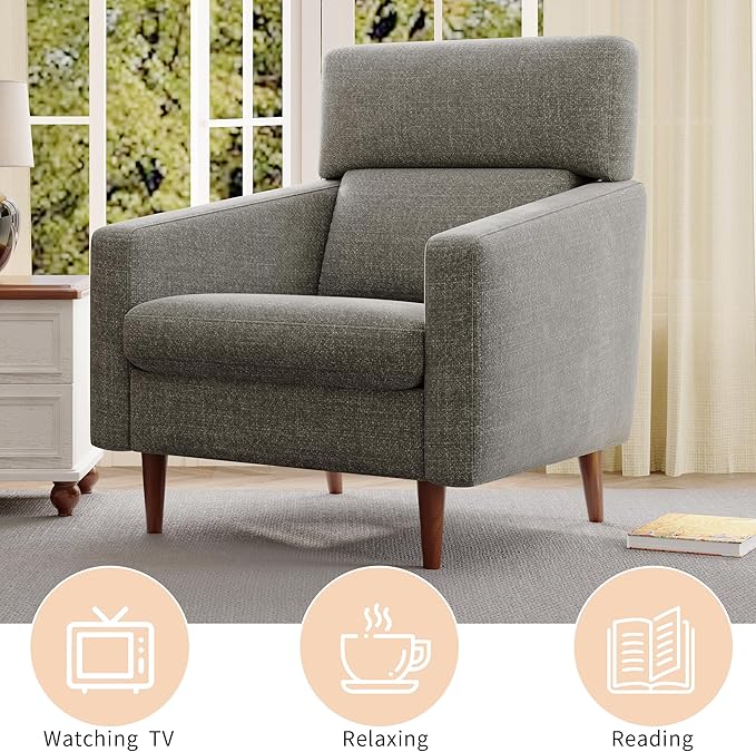 EJUNQ Mid-Century Accent Chair,Fabric Modern Reading Living Room Chairs, Upholstered Armchair with Wood Legs，Cozy Reading Chair for Living Room，Bedroom（Grey