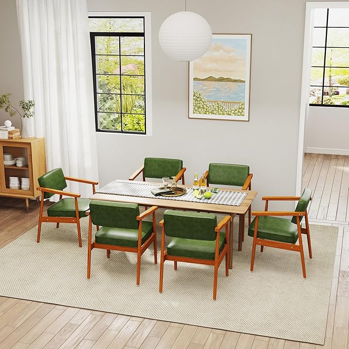 LSSPAID Mid Century Dining Chairs Set of 2, Pu Upholstered Armchair with Comfy Backrest and Wooden Handrail，Modern Kitchen Chairs for Bedroom Living Room Dining Room, Green