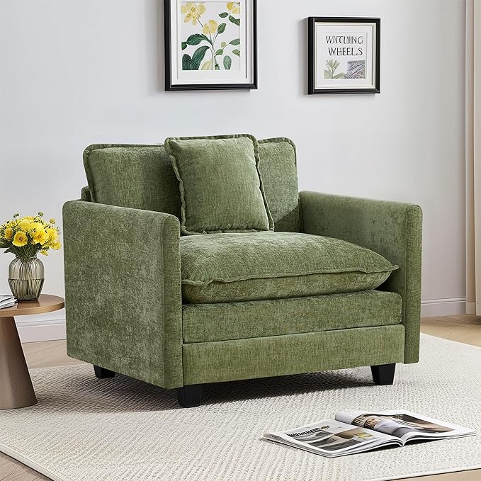 UMBFUN Cloud Couch Accent Chair, Oversized Comfy Modular Sofa with Deep Seat Cushions, Chenille Upholstered Lounge Chair for Living Room & Bedroom, Green