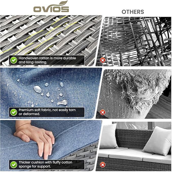 ovios 7 Pieces Patio Furniture Set, Outdoor Wicker Sofa Couch with Swivel Chairs Solar Lights Table, High Back Modern All Weather Conversation Sets, Grey Rattan, Denim Blue
