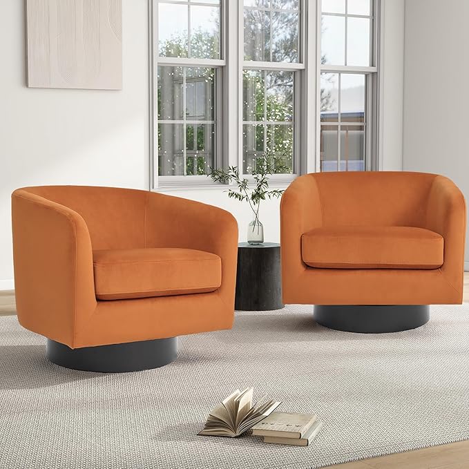 Swivel Barrel Chair, Modern Round PU Leather Accent Armchair for Living Room, Bedroom, Oversized Comfy Club Reading Chairs for Adults (Velvet Orange, Set of 1)