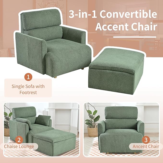 Snowflake Fleece Oversized Accent Chair with Storage Ottoman - 26.57" Wide Deep Seat Reading Chair, Convertible Daybed, 400lbs Capacity for Living Room & Apartment (Green)