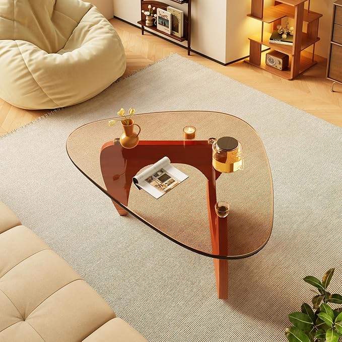 LUCKIIA Coffee Tables Glass Small Farmhouse Coffee Table Mid-Century Modern Wood Center Table for Living Room, Walnut Brown, 45 Inch