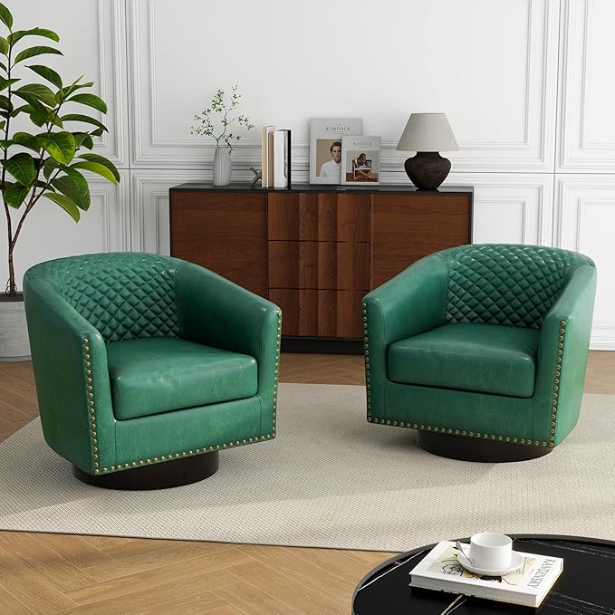 DREAMSIDEA Swivel Barrel Accent Chair, Comfy Modern Upholstered Round Faux Leather Arm Chair for Living Room, Bedroom（Green, Set of 4