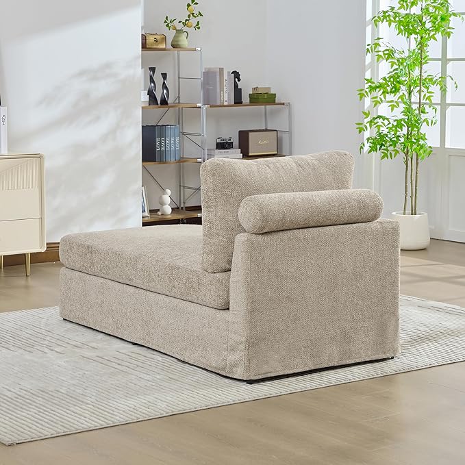 KEIKI 60" Chaise Lounge Chair Indoor, Modern Deep Seat Sofa Bed, Corduroy Couch with Cushions, Single Sleeper Chair for Living Room, Bedroom, Apartments, Taupe (Left Side)