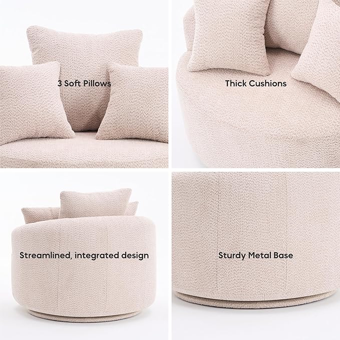 Yoglad 38.58'' Swivel Round Chair, Comfy Boucle 360° Accent Chair with Thick Cushion, Oversized Modern Single Sofa with 3 Pillows, Soft Armchair for Nursery, Living Room, Bedroom, Office (Beige)