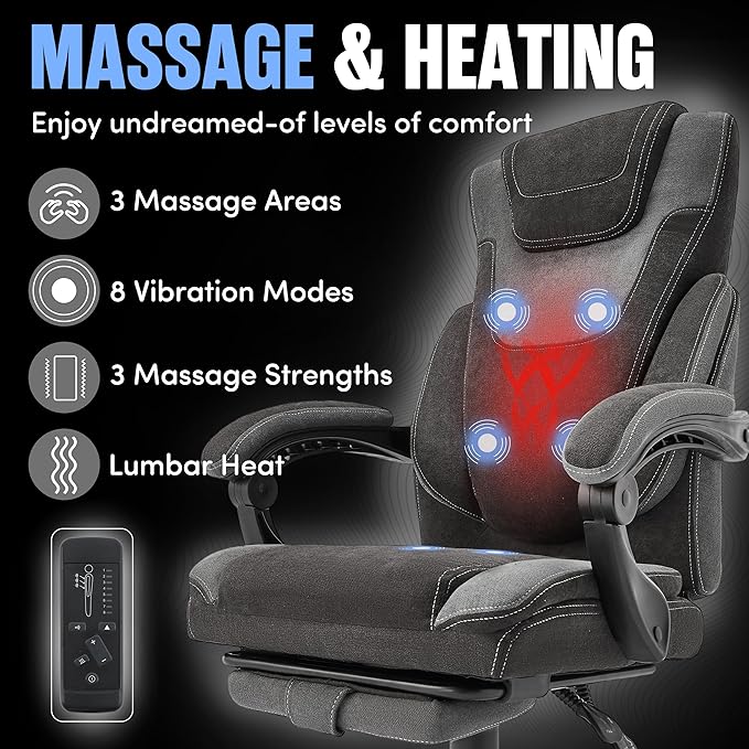 Massage Office Chair with Footrest,6-Point Vibration and Heat Executive Office Chairs,Ergonomic Desk Chair for Heavy People,500LBS Big and Tall Fabric Office Chair,BlackGrey